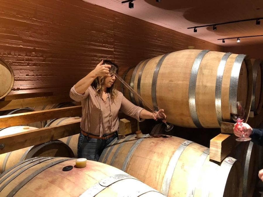oenologist using sampling probe from wood barrel at illuminated 'Lykos Winery' cellar